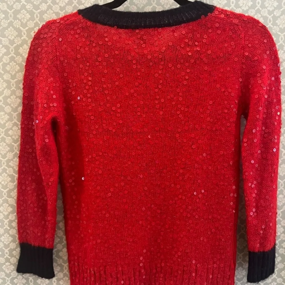 J. Crew Red Poppy Sequin and Navy Trimmed Sweater